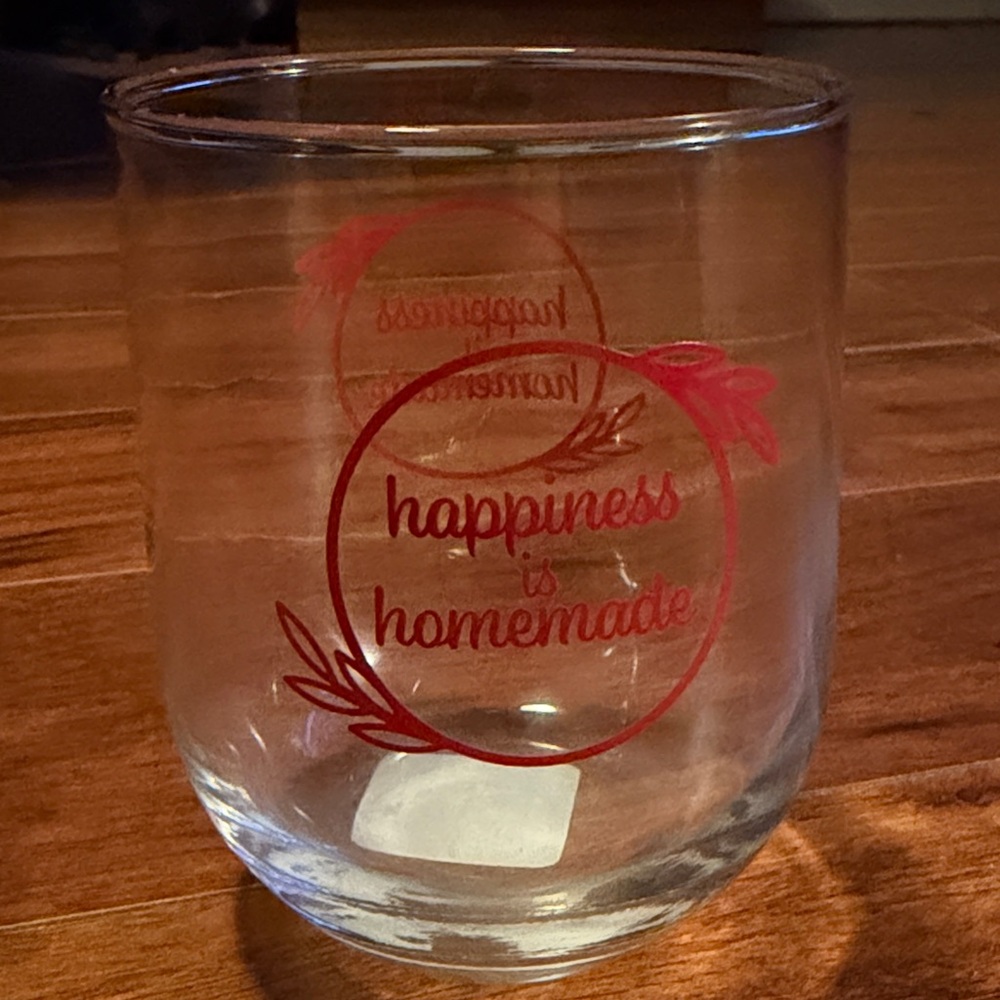 Charming Red Stemless Wine Glass with 'Happiness is Homemade' Design